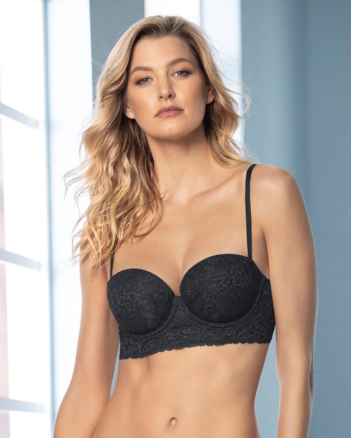 Laced Balconette Black Push Up Bra With Wide Underbust Band.